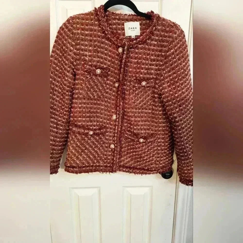 Women's Deep Red Tweed Jacket with pearl buttons